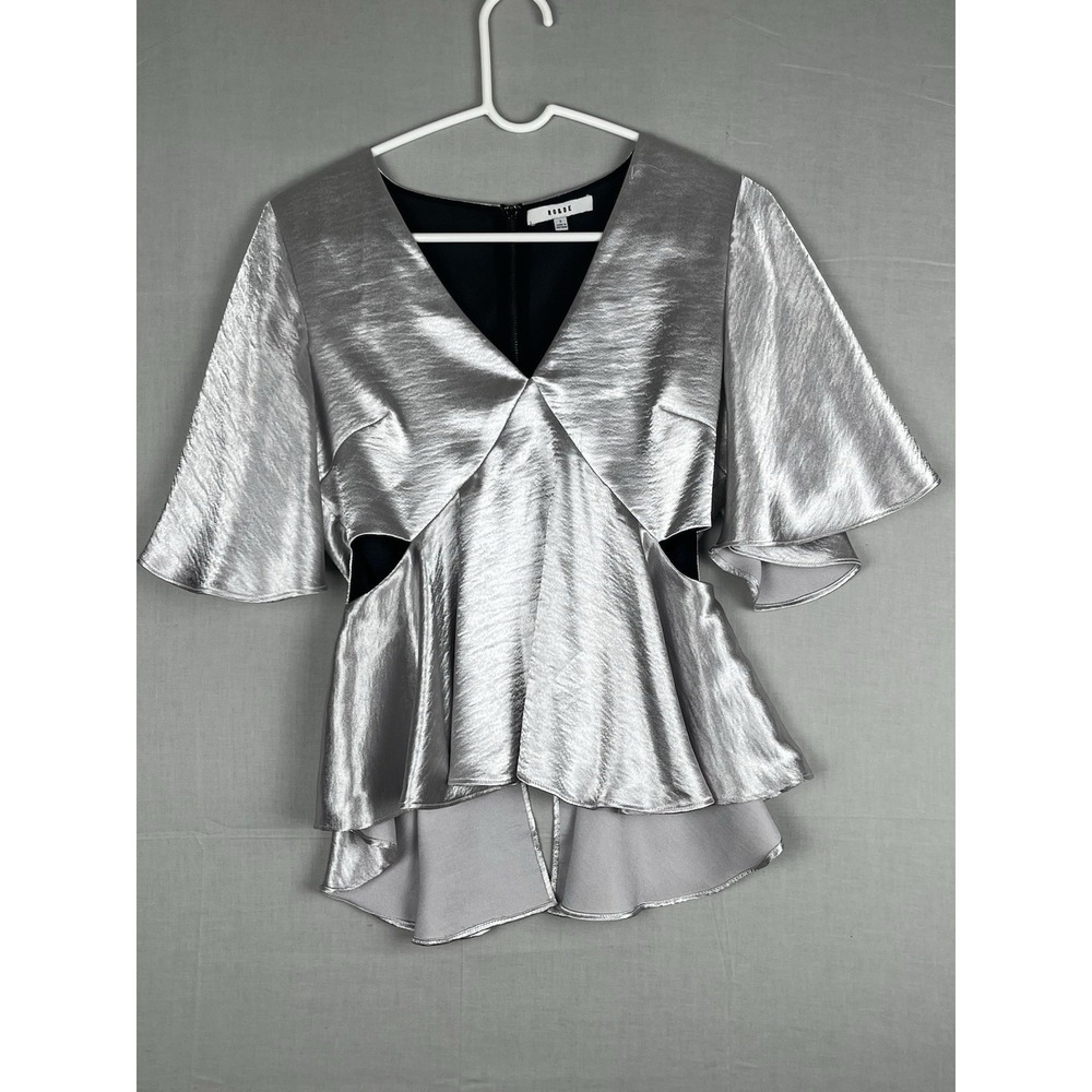 Ro & De Womens Blouse Small Silver Metallic Peplum Short Sleeve Back Zip Top